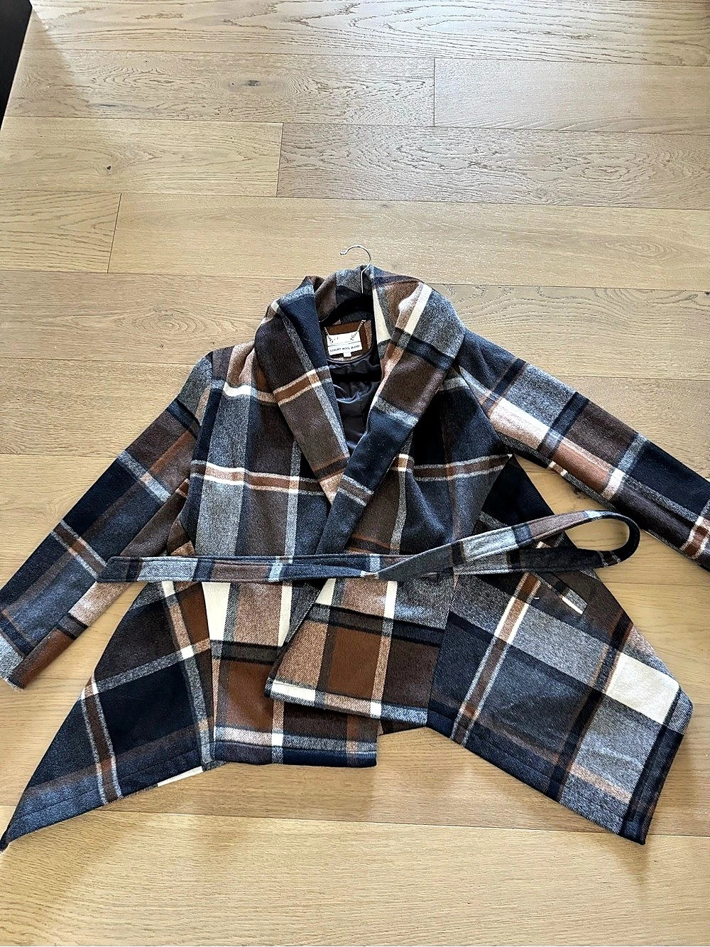Chicwish Prairie Check Rabato Coat Plaid Wrap Coat in Brown & Black Size Medium